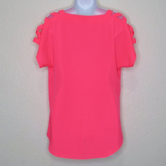 Express* Women's Short Sleeve Boat Neck Curved Hem Pink Sheer Blouse~ Size SP - Picture 2 of 12